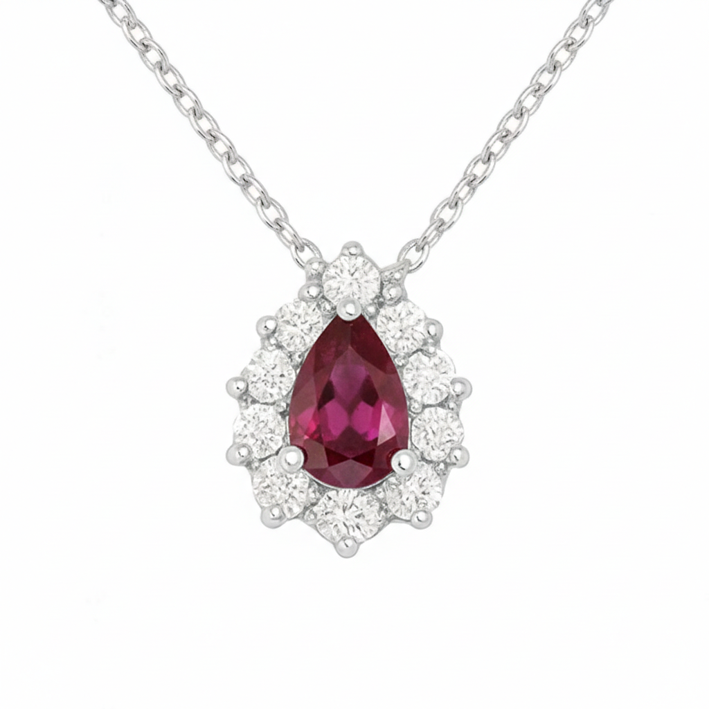 .97ct G SI 14kt White Gold Diamond & Pear Shaped Ruby Pendant Necklace 18" Long