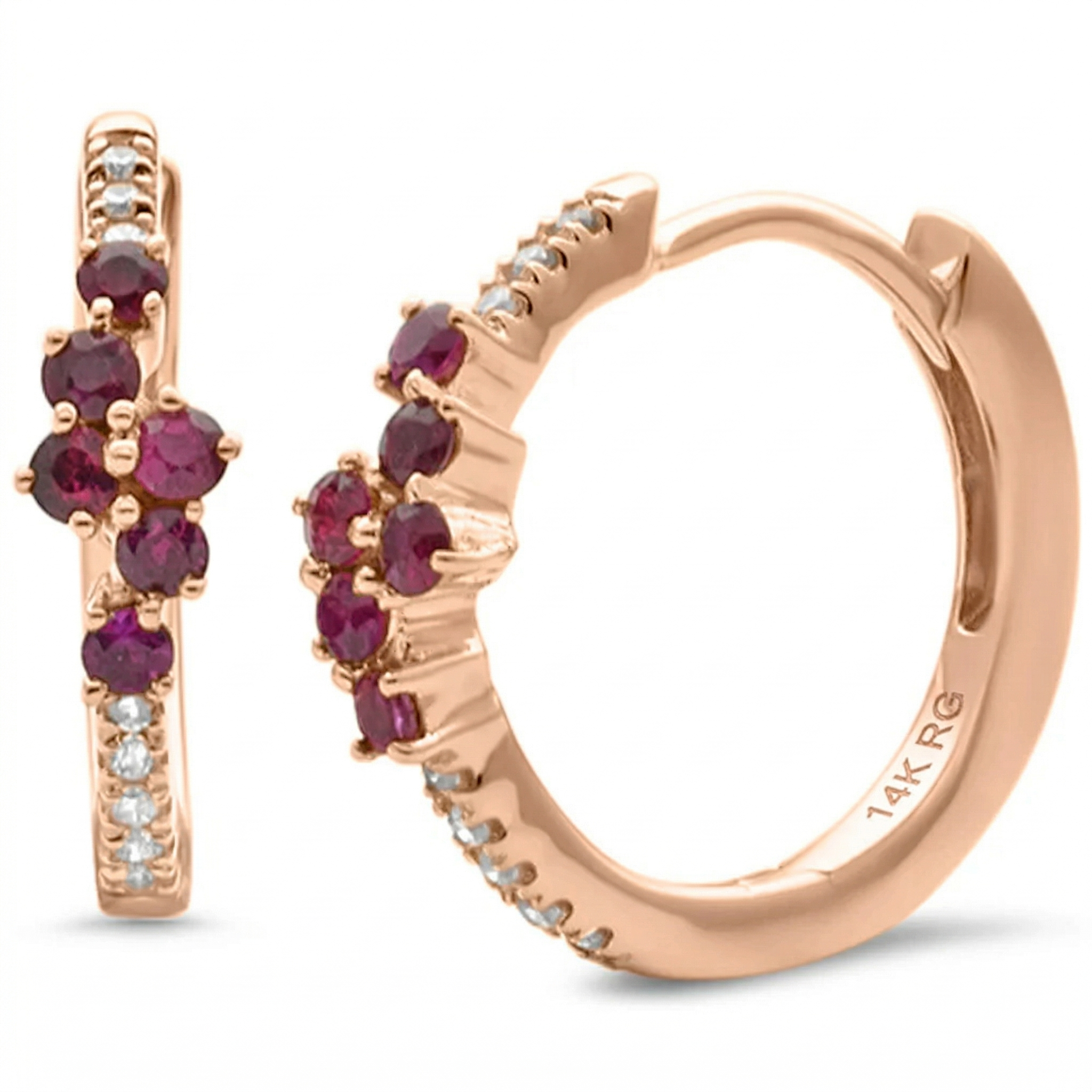 .36ct G SI 14K Rose Gold Diamond & Ruby Gemstones Hoop Earrings