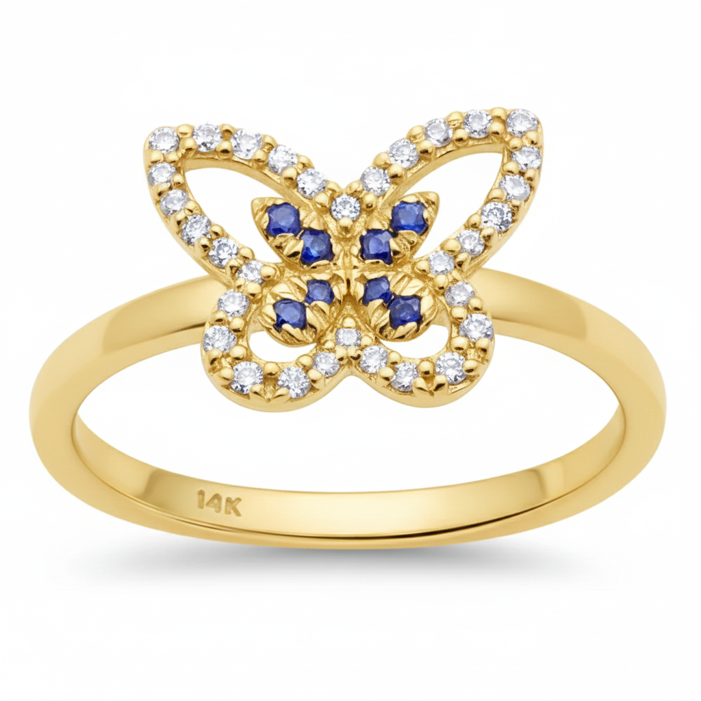 <span style="color:purple">SPECIAL!</span> .22ct G SI 14K Yellow Gold Round Diamond & Blue Sapphire Gemstone Butterfly Ring Size 6.5