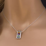 2.88ct G SI 14K White Gold Diamond & Multi Color Gemstone Pendant Necklace 16" + 2" Ext.