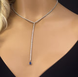 6.15ct G SI 14K White Gold Round Diamond & Blue Sapphire Tennis Drop Lariat Y Necklace 14+4'Ext