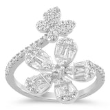 .74ct G SI 14K White Gold Round & Baguette Diamond Flower Ring Size 6.5