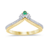 .19ct G SI 14K Yellow Gold Diamond & Emerald Gemstone Beaded Chevron Ring Size 6.5