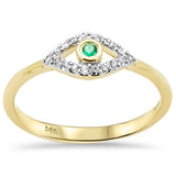 .10ct G SI 14K Yellow Gold Diamond & Emerald Gemstone Evil Eye Band Ring Size 6.5