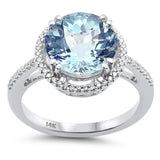 3.45ct G SI 14K White Gold Diamond & Round Shape Aquamarine Gemstone Halo Ring Size 6.5