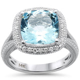 4.25ct G SI 14K White Gold Diamond & Cushion Shape Aquamarine Gemstone Ring Size 6.5