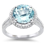 <span style="color:purple">¡ESPECIAL!</span>Anillo de halo de diamante de oro blanco de 14 quilates de 3,15 ct G SI y aguamarina redonda tamaño 6,5