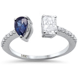 <span style="color:purple">SPECIAL!</span>1.14ct G SI 14K White Gold Radiant Shape Diamond & Pear Cut Blue Sapphire Gemstone Open Ring Size 6.5