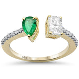<span style="color:purple">SPECIAL!</span>.82ct G SI 14K Yellow Gold Radiant Shape Diamond & Pear Cut Emerald Gemstone Open Ring Size 6.5