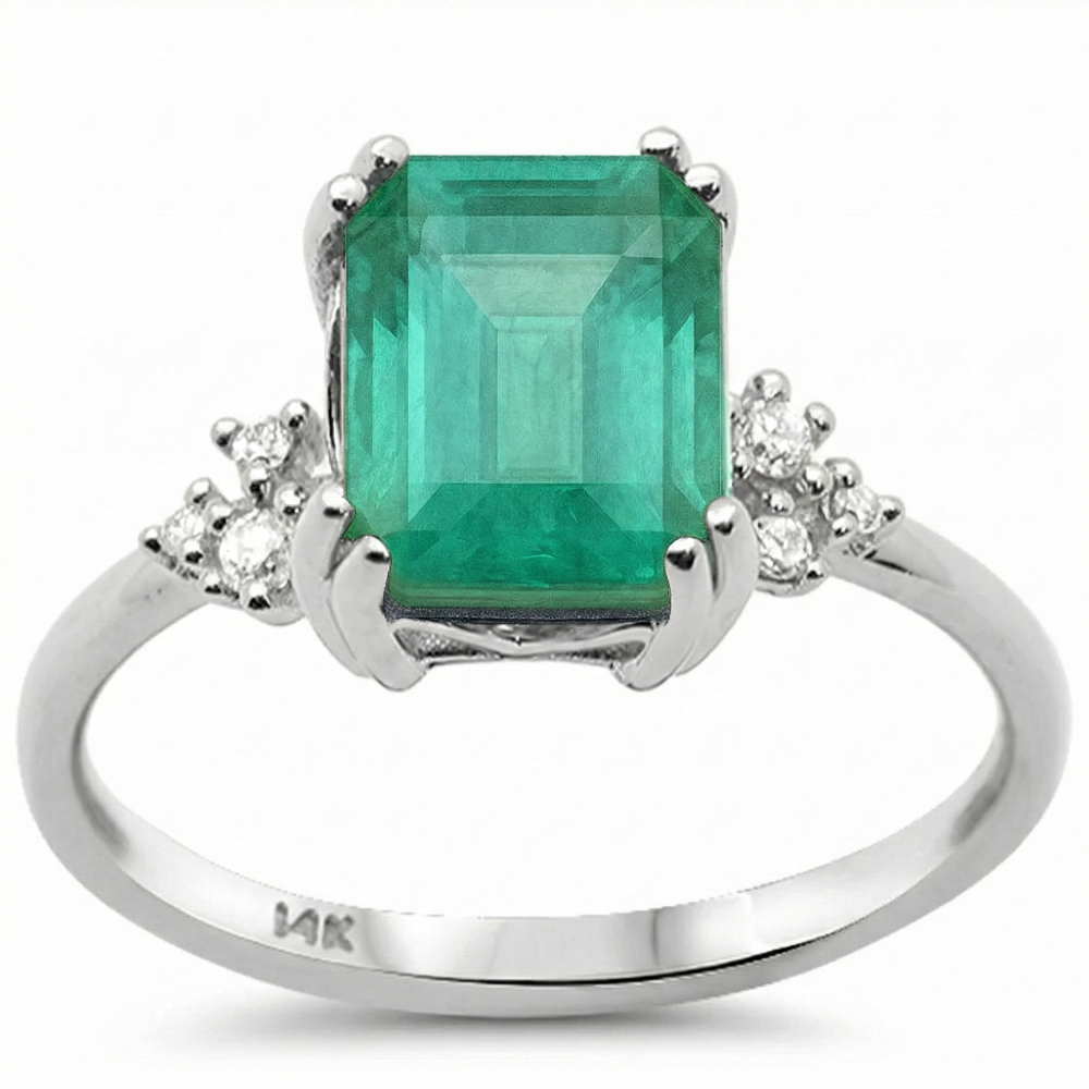 2.02ct G SI 14K White Gold Natural Emerald Gemstone & Diamond Ring Size 6.5