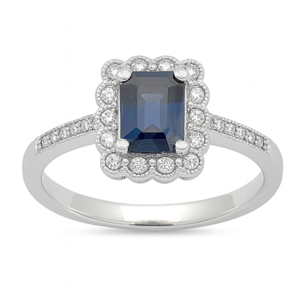 1.30ct G SI 14K White Gold Blue Sapphire & Diamond Flower Gemstone ring Size 6.5