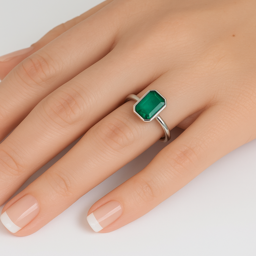 <span style="color:purple">SPECIAL!</span> 1.05ct G SI 14K White Gold Bezel Set Emerald Gemstone Ring Size 6.5