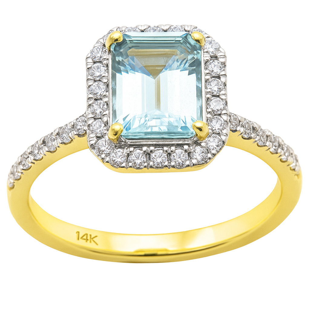 1.60ct Gemstones G SI 14K Yellow Gold Diamond & Aquamarine Gemstone Ring Size 6.5