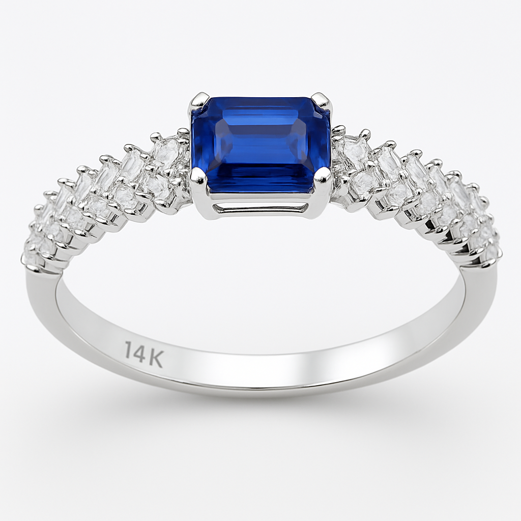 <span style="color:purple">SPECIAL!</span> .82ct G SI 14K White Gold Diamond & Blue Sapphire Gemstone Ring Size 6.5