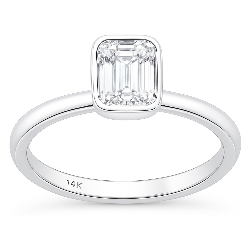 <span style="color:purple">SPECIAL!</span> .82ct G SI 14K White Gold Bezel Set Emerald Cut Diamond Engagement Solitaire Ring Size 6.5