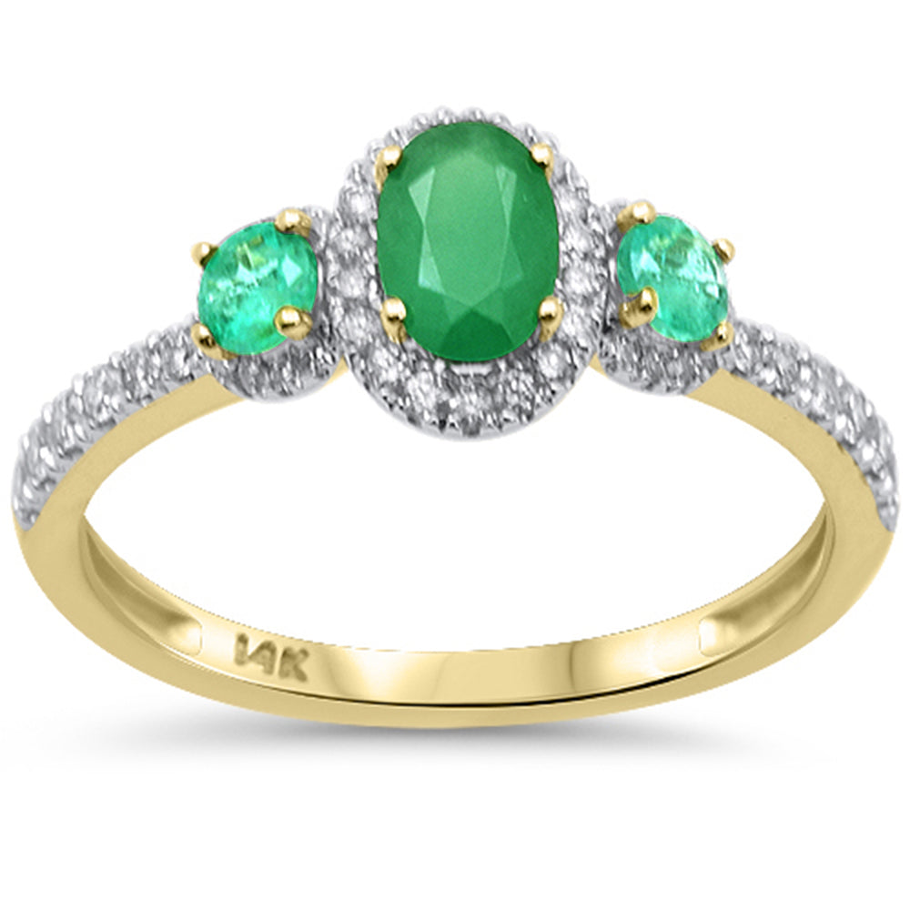 1.04ct G SI 14K Yellow Gold Diamond & Emerald Gemstone Three Stone Ring Size 6.5