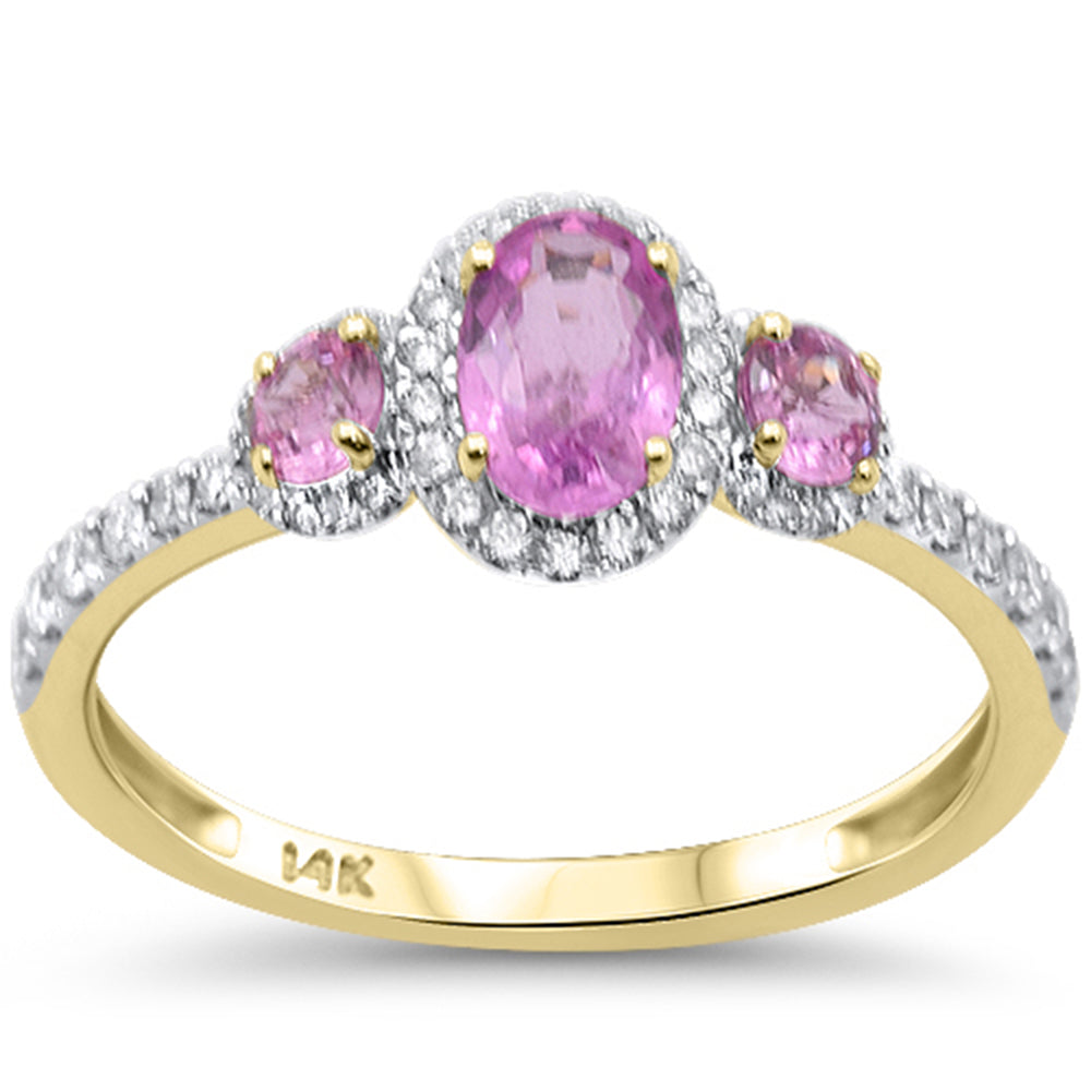 1.08ct G SI 14K Yellow Gold Diamond & Pink Sapphire Gemstone Three Stone Ring Size 6.5