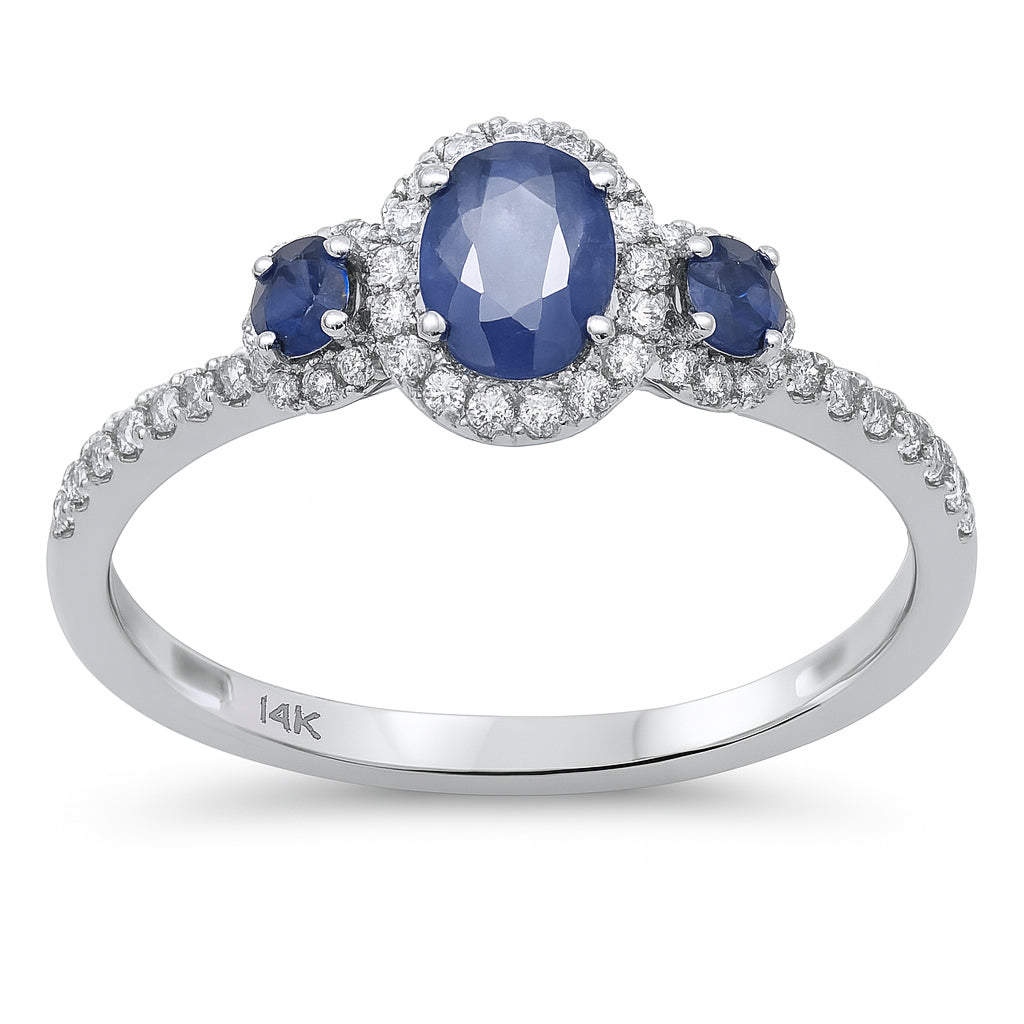 1.10ct G SI 14K White Gold Diamond & Blue Sapphire Gemstone Ring Size 6.5