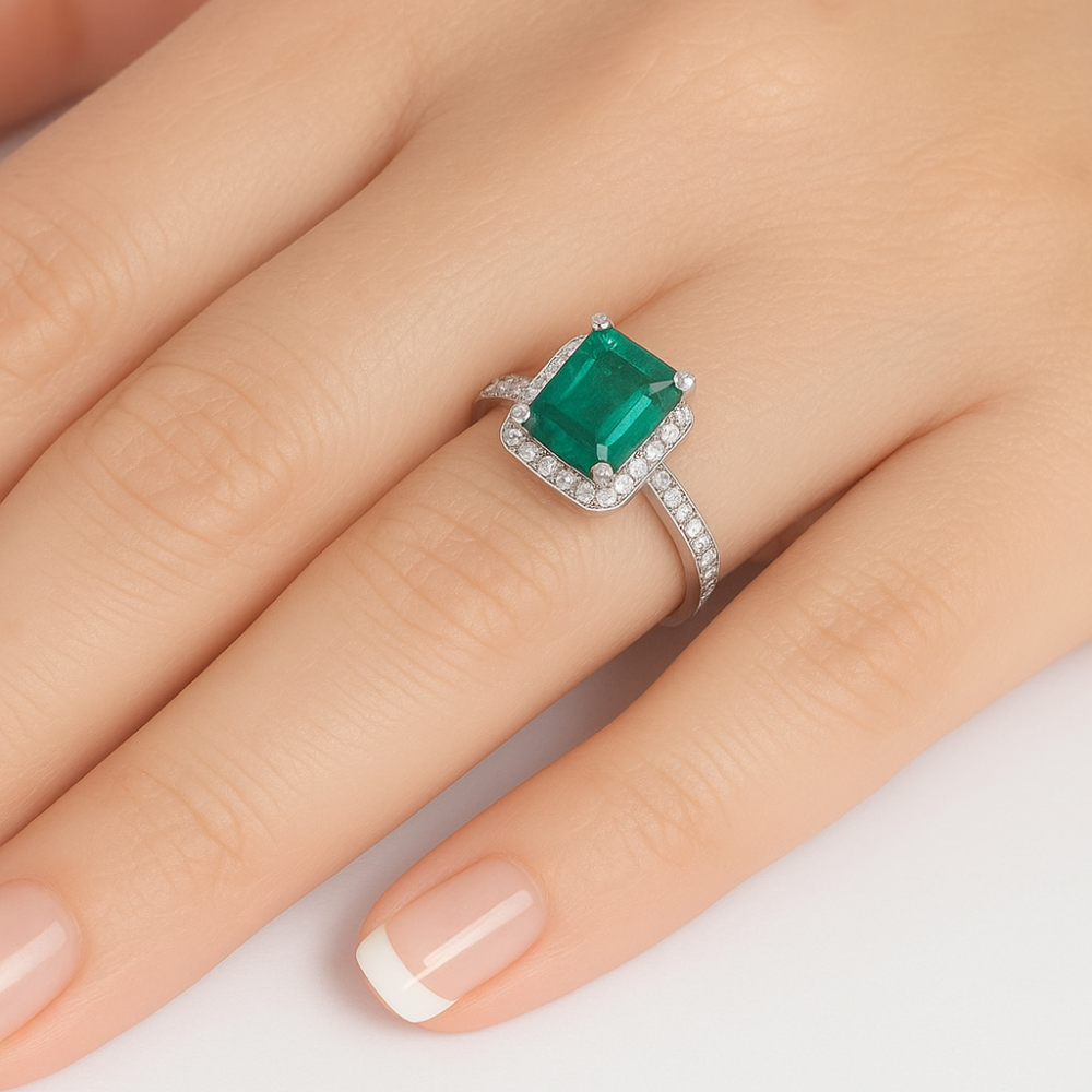 3.56ct G SI 14K White Gold Diamond & Emerald Gemstone Ring Size 6.5