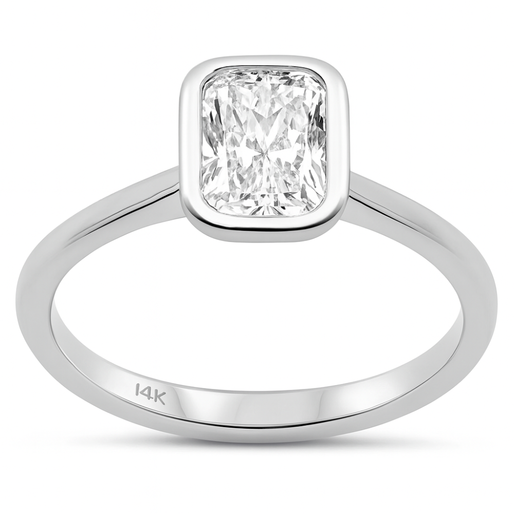 1.00ct G SI 14K White Gold Bezel Set Radiant Cut Diamond Solitaire Engagement Ring Size 6.5