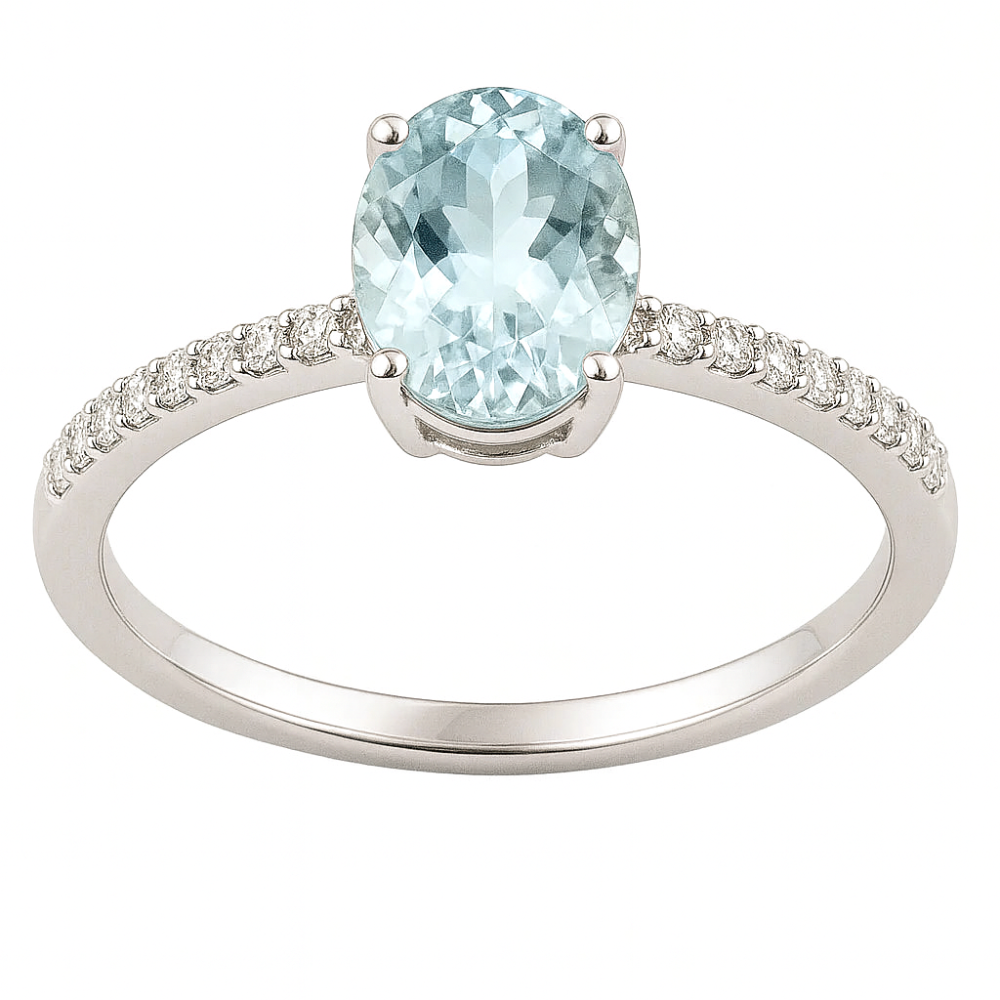 .96ct G SI 14K White Gold Oval Aquamarine Gemstone & Diamond Ring Size 6.5
