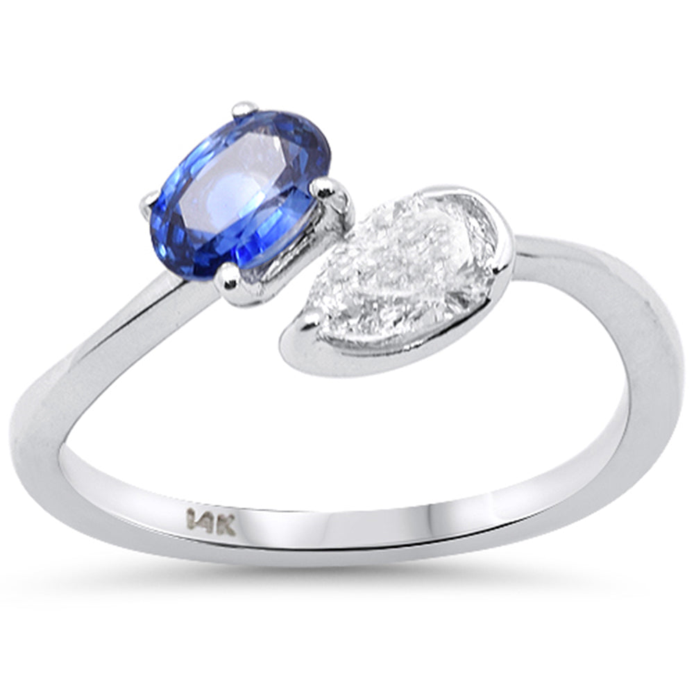 1.06ct G SI 14K White Gold Oval Blue Sapphire & Pear Shape Diamond Toi et Moi Ring Size 6.5