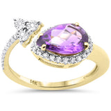 1.52ct G SI 14K Yellow Gold Pear Shape Amethyst Gemstone & Diamond Open Ring Size 6.5