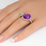 1.52ct G SI 14K Yellow Gold Pear Shape Amethyst Gemstone & Diamond Open Ring Size 6.5