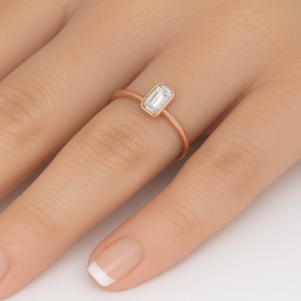 <span style="color:purple">SPECIAL!</span> .20ct G SI 14K Rose Gold Bezel Set Emerald Cut Diamond Engagement Ring Size 6.5