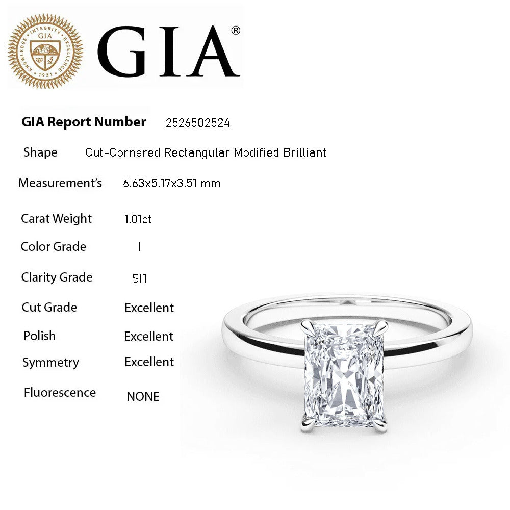 1.01ct I-SI1 GIA CERTIFIED 14K White Gold Radiant Cut Diamond Solitaire Ring Band Size 7