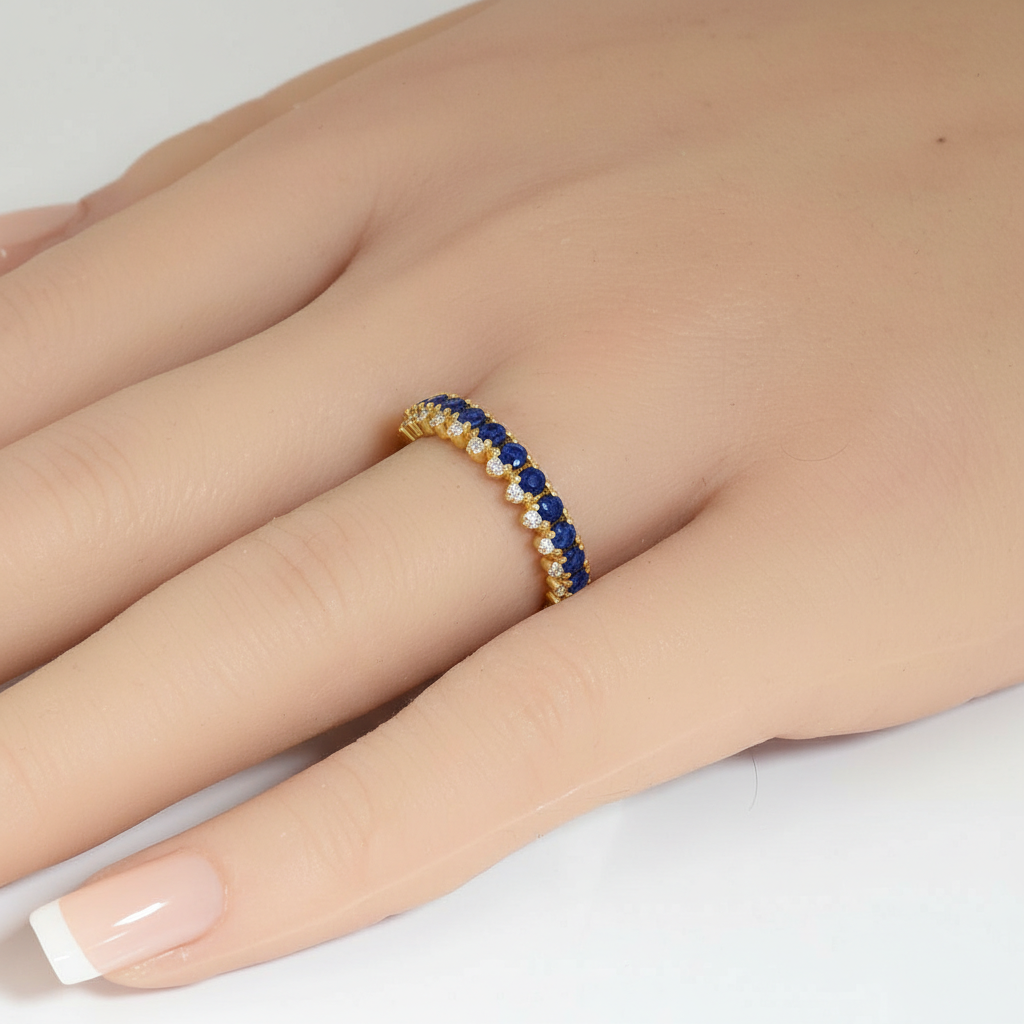 .67ct G SI Yellow Gold Diamond & Blue Sapphire Gemstone Elegant Ring Size 6.5
