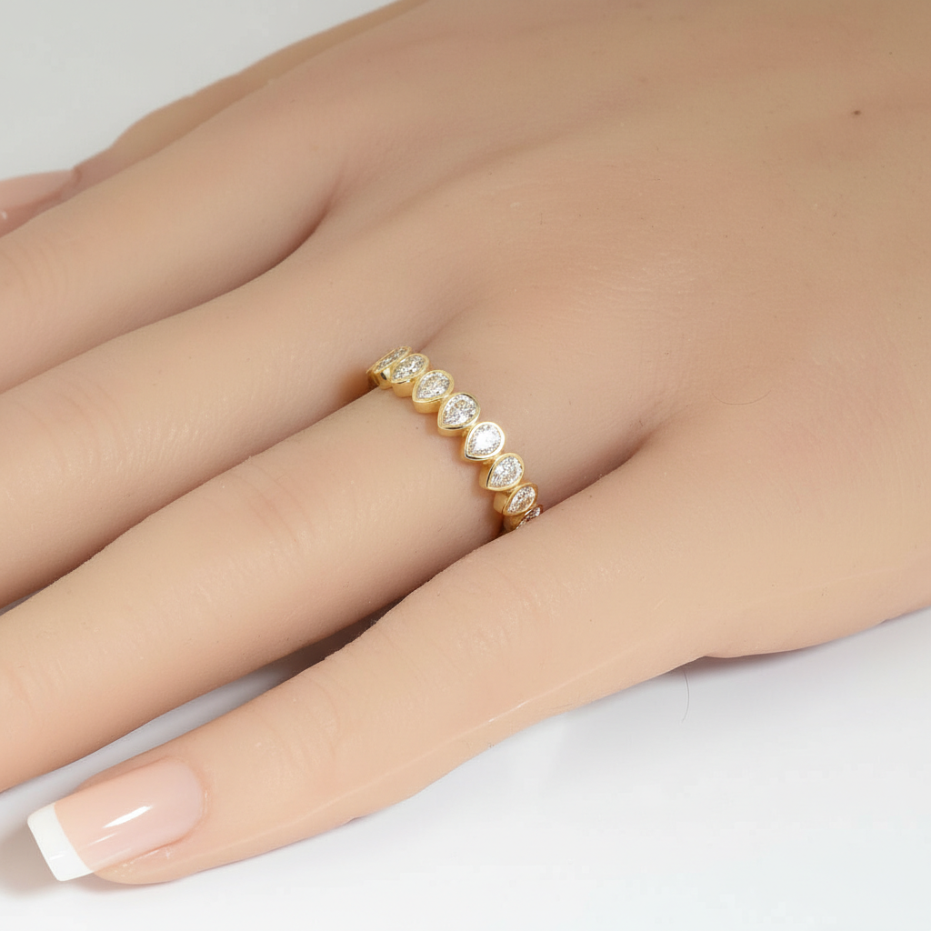 <span style="color:purple">SPECIAL!</span> .86ct G SI 14kt Yellow Gold Pear Shape Diamond Bezel set Half Eternity Band Ring Size 6.5