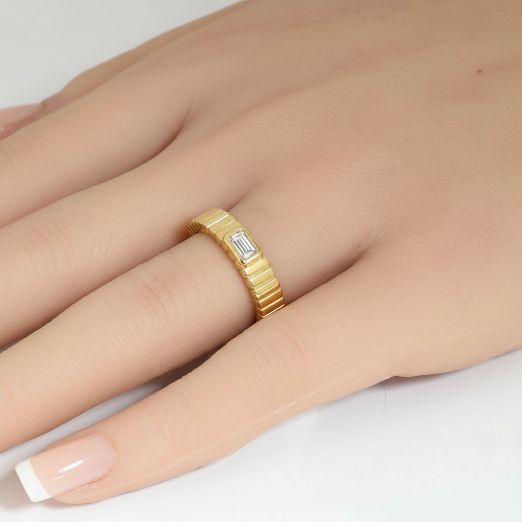 <span style="color:purple">SPECIAL!</span> .18ct G SI 14kt Yellow Gold Emerald Cut Diamond Bezel set Band Ring Size 6.5