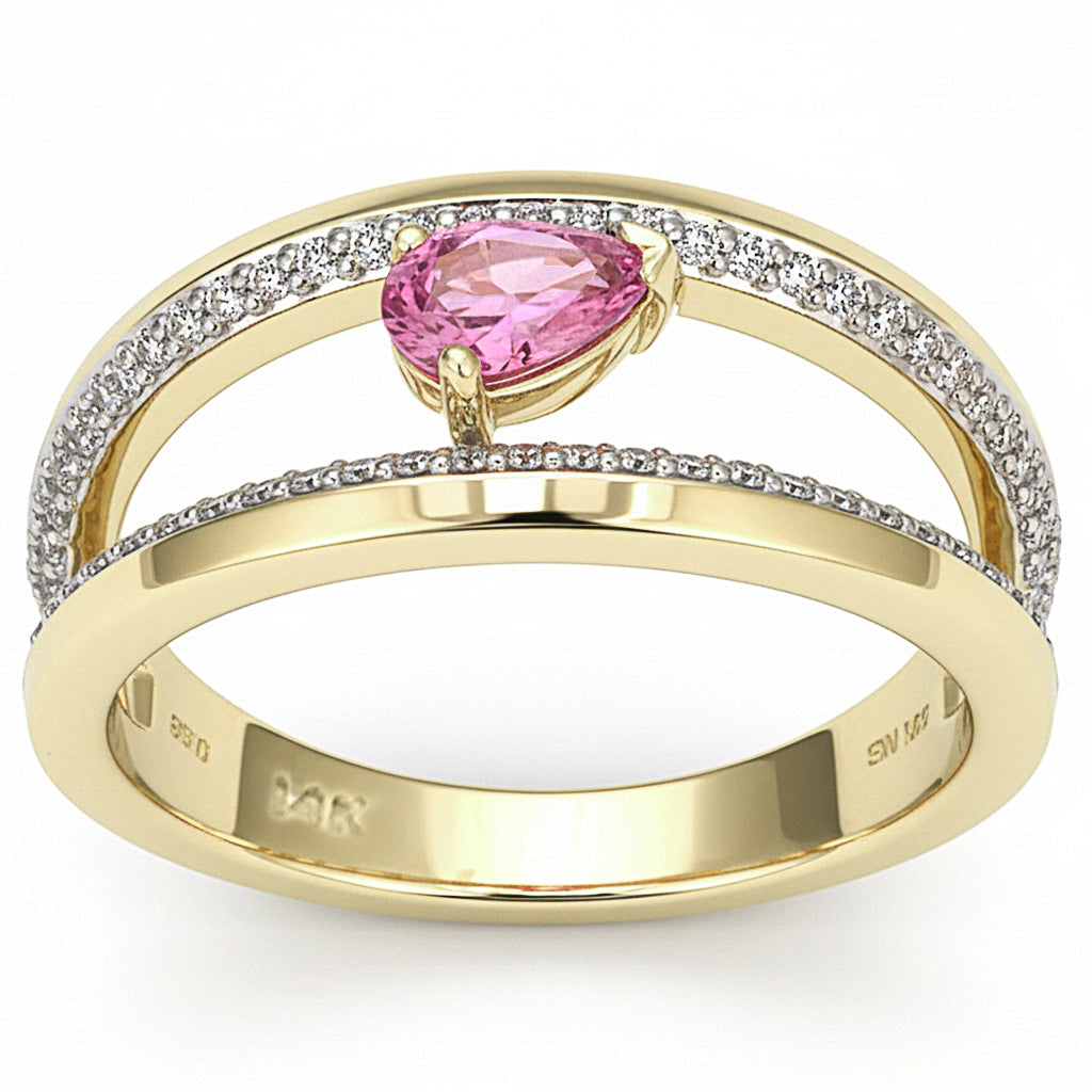 .58ct G SI 14kt Yellow Gold Diamond & Pink Sapphire Gemstone Double Band Modern Ring Size 6.5