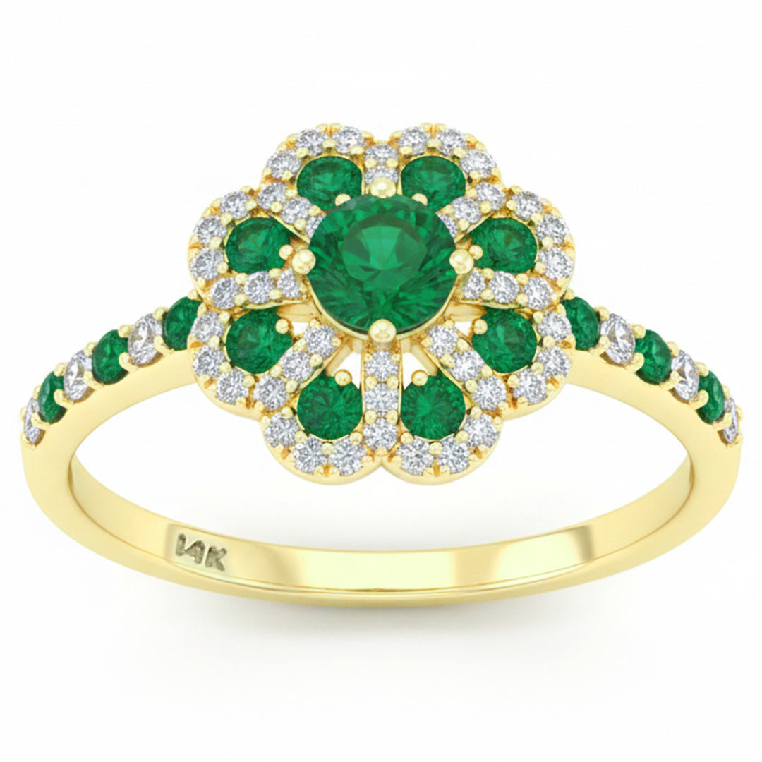 .74ct G SI 14kt Yellow Gold Diamond & Emerald Gemstone Flower Ring Size 6.5