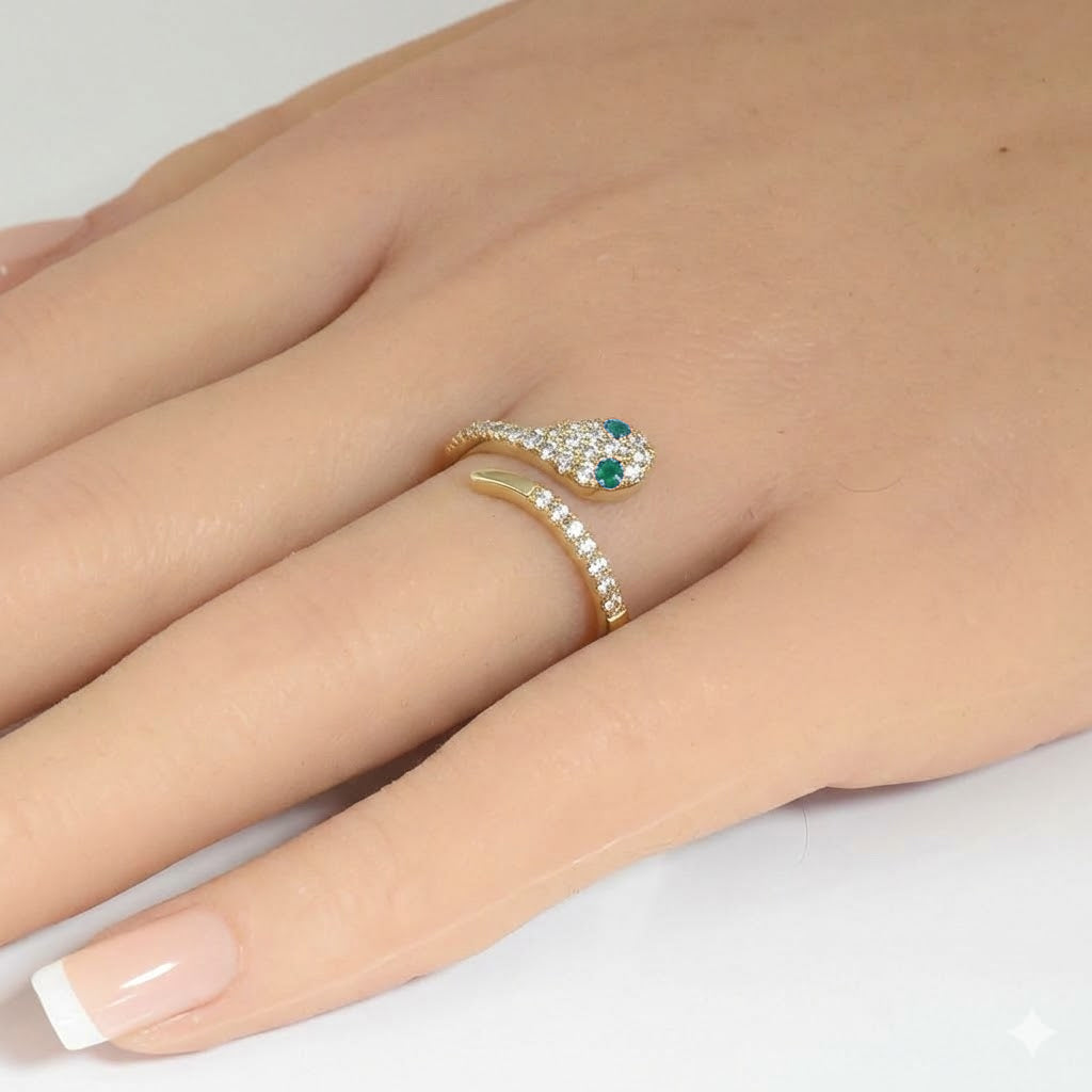 .20ct G SI 14kt Yellow Gold Diamond & Emerald Gemstone Snake Ring Size 6.5