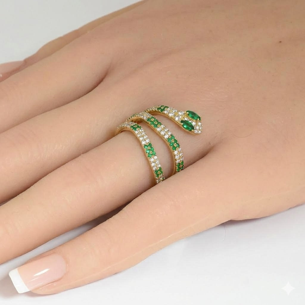 <span style="color:purple">SPECIAL!</span> .86ct G SI 14kt Yellow Gold Diamond & Emerald Gemstone Snake Wrap Ring Size 6.5