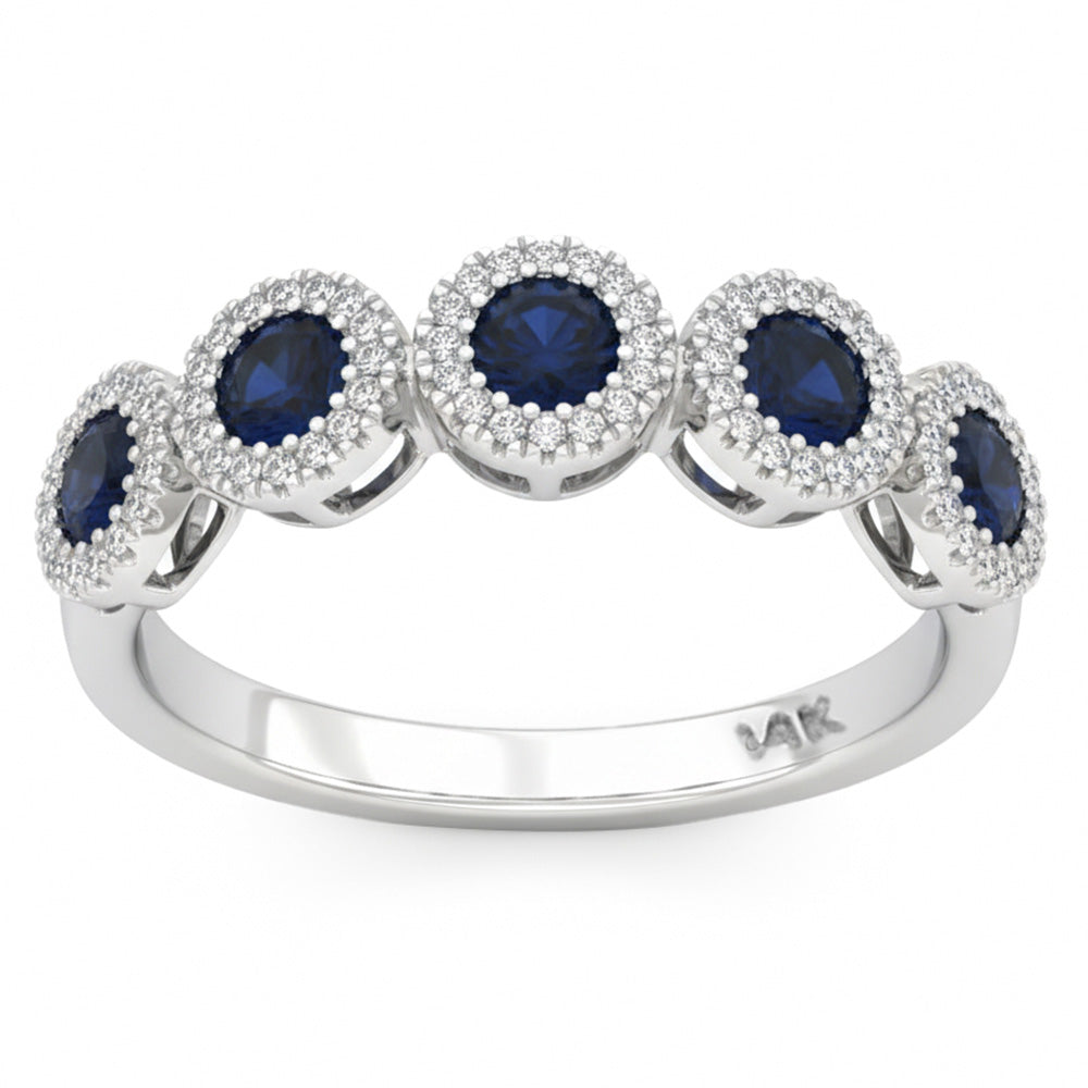 .90ct G SI 14kt White Gold Diamond & Blue Sapphire Gemstone Band Ring Size 6.5