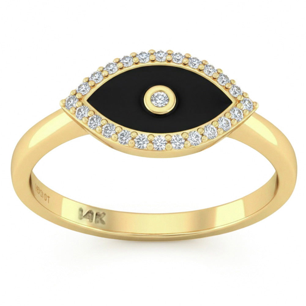 .13ct G SI 14kt Yellow Gold Diamond & Black Onyx Enamel Inlay Evil Eye Ring Size 6.5
