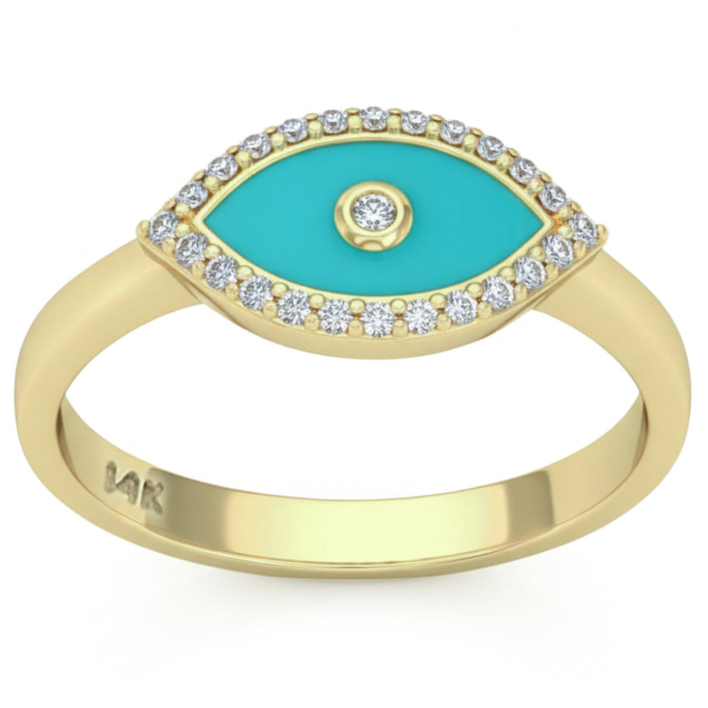 .13ct G SI 14kt Yellow Gold Diamond & Turquoise Enamel Evil Eye Ring Size 6.5