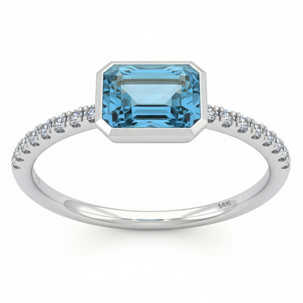 1.06ct G SI 14kt White Gold Diamond & Aquamarine Gemstone Bezel Set Ring Size 6.5