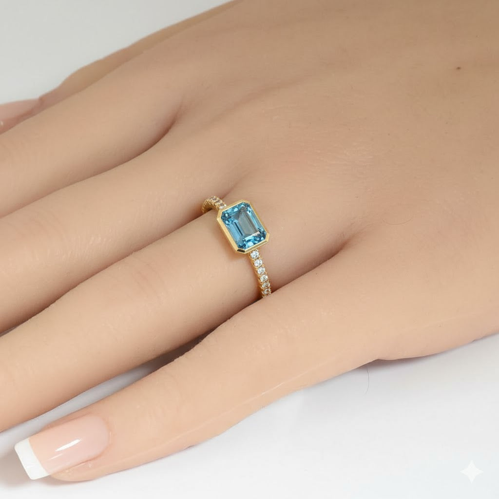<span style="color:purple">SPECIAL!</span> 1.03ct G SI 14kt Yellow Gold Diamond & Aquamarine Gemstone Bezel Set Ring Size 6.5
