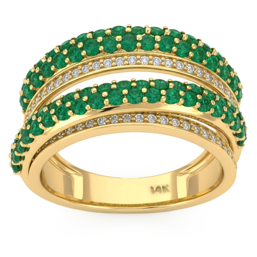 1.18ct G SI 14kt Yellow Gold Diamond & Emerald Gemstone Double Band Ring Size 6.5