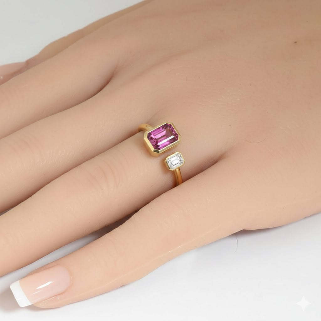 1.15ct G SI 14kt Yellow Gold Diamond & Pink Sapphire Moi Toi Gemstone Ring Size 6.5