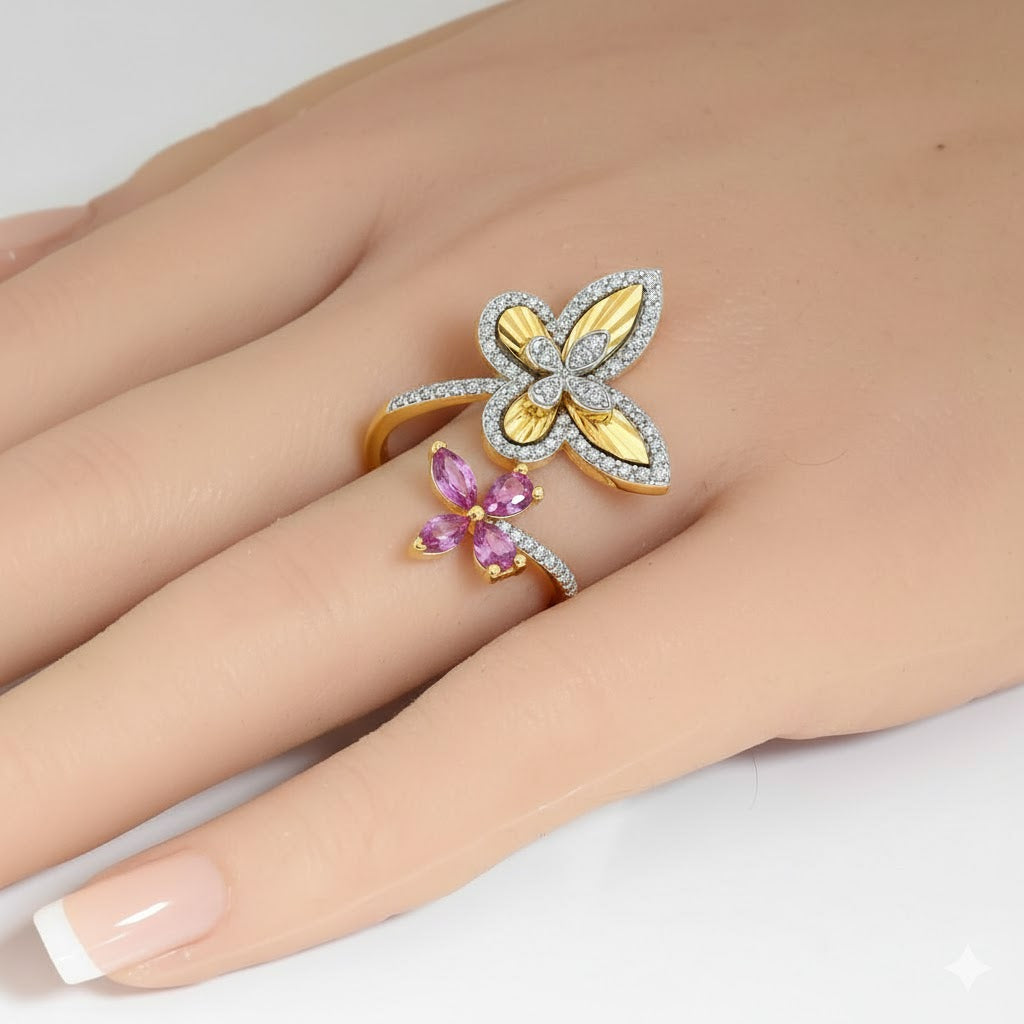 <span style="color:purple">SPECIAL!</span> 1.06ct G SI 14kt Yellow Gold Diamond & Pink Sapphire Gemstone Butterfly Ring Size 6.5