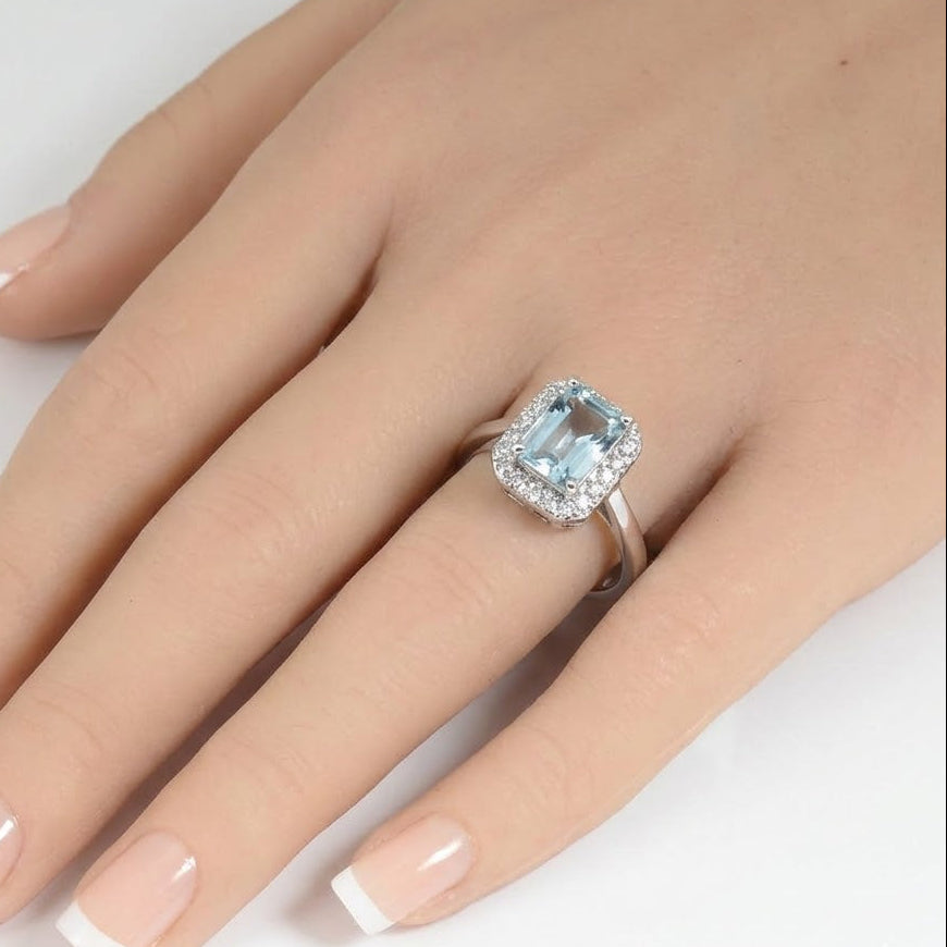 1.04ct G SI 14K White Gold Diamond & Aquamarine Gemstone Ring Size 6.5