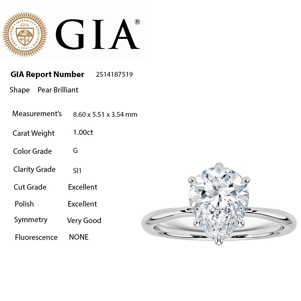 <span style="color:purple">SPECIAL!</span> 1.00ct G-SI1 GIA CERTIFIED 14K White Gold Pear Shape Diamond Solitaire Ladies Ring 6.5