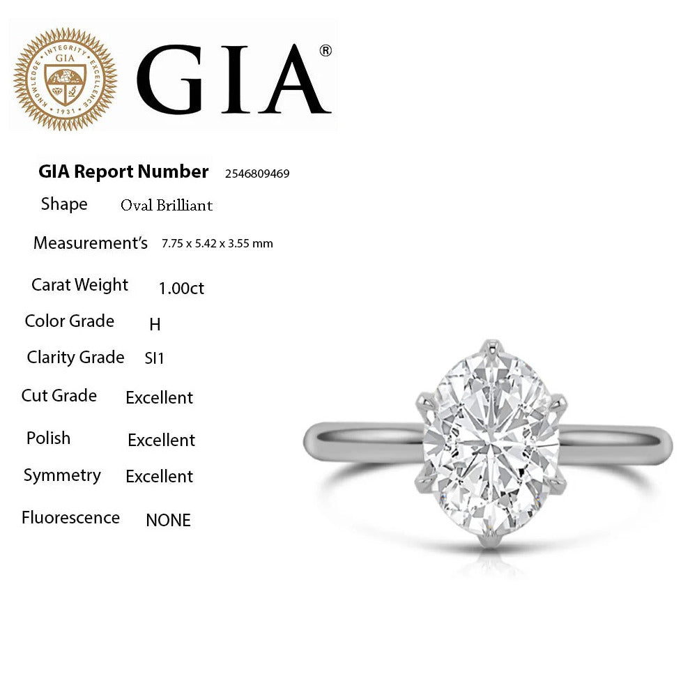 <span style="color:purple">SPECIAL!</span> 1.00ct H-SI1 GIA CERT 14K White Gold Oval Cut Diamond Solitaire Engagement Ring Size 6