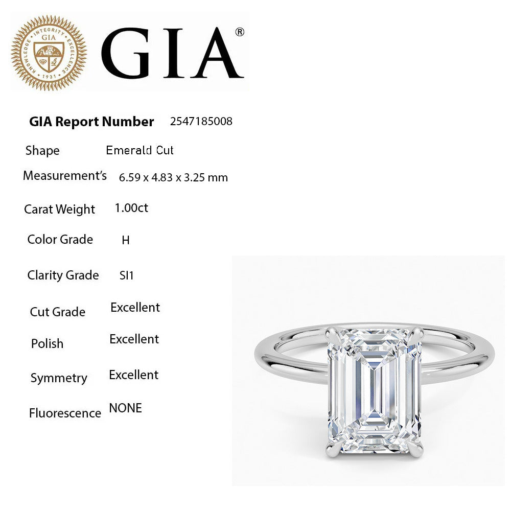<span style="color:purple">SPECIAL!</span> 1.00ct H-SI1 GIA CERTIFIED 14K White Gold Emerald Cut Diamond Solitaire Engagement Ring Size 6