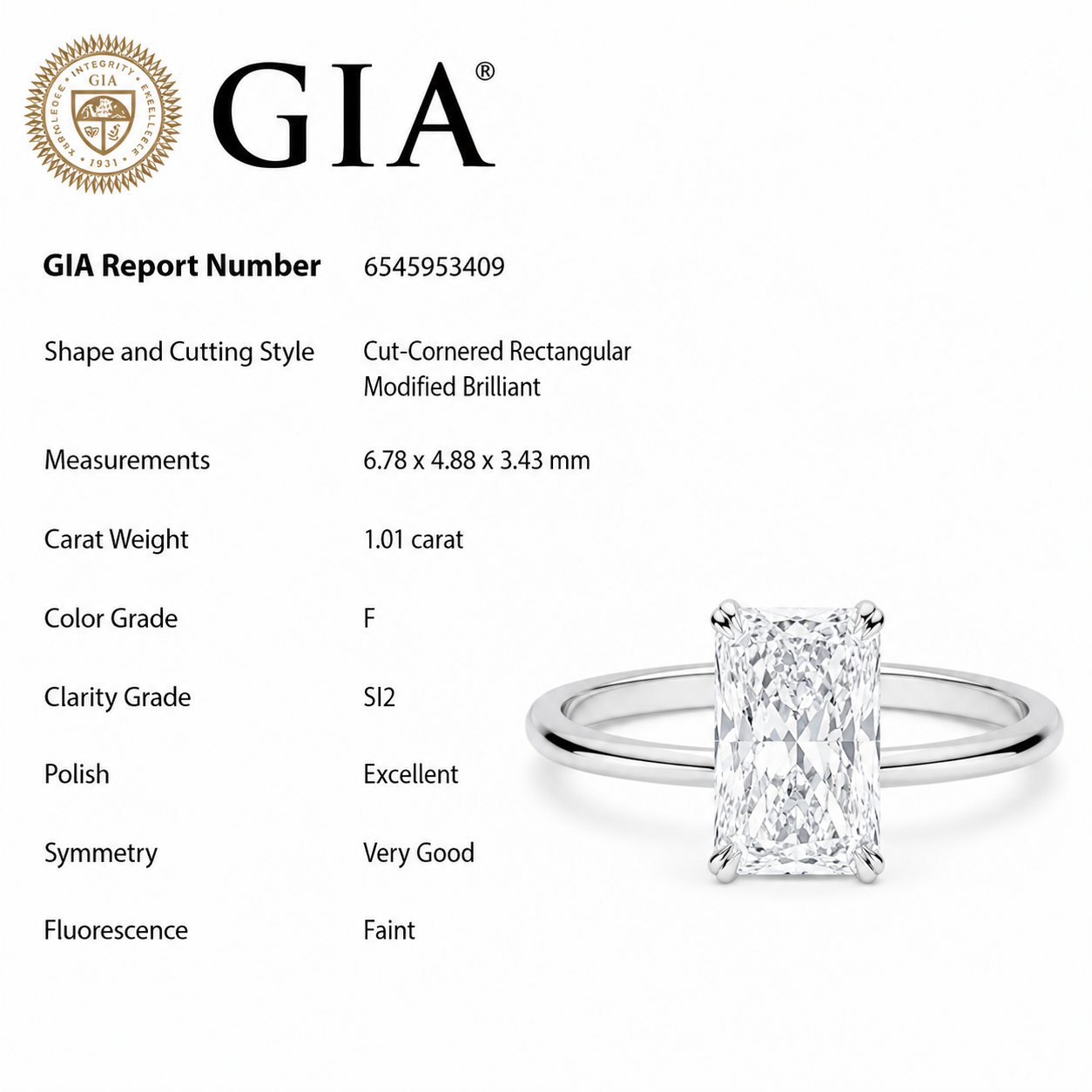 <span style="color:purple">¡ESPECIAL!</span> Anillo solitario de oro blanco de 14K con diamante talla radiante de 1,01 ct I-SI1 CERTIFICADO por GIA, tamaño de banda 7